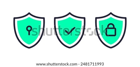 Security shield icons, security shields symbols with check mark, padlock and key hole. Safety shields icon set. Access approved symbols. Vector illustration