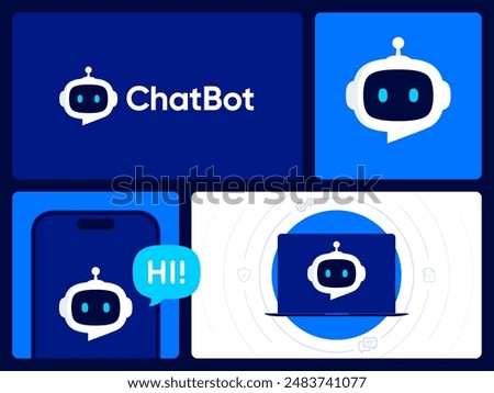 ChatBot logo design. Artificial Intelligence business identity concept. Virtual smart assistant Bot icon. Robot head with speech bubble. Customer support service Chat Bot. Vector illustration