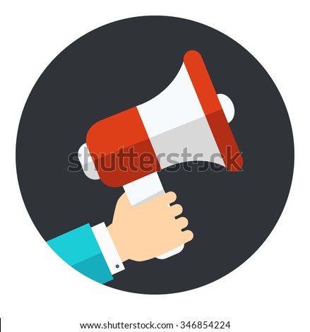 Hand holding megaphone, loudspeaker icon in circle isolated on white background. Event announce icon concept. Business advertising. Special sale promotion mark. Vector icon