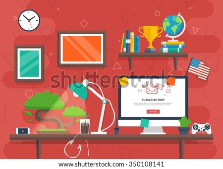 Creative workplace. Modern office. Coworking space. Home workspace with desk, globe, desktop, bonsai tree, frame, lamp, award, use flag, phone, headphones, books and cold coffee. Vector illustration