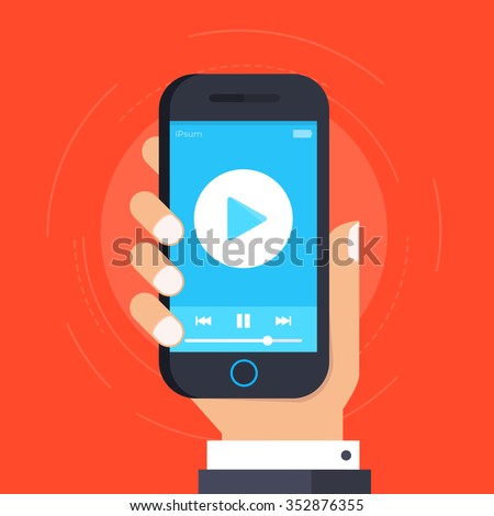 Hand holding smartphone with video player on the screen. Play video on mobile phone. Streaming on cellphone concept. Film, movie, podcast, tv, cinema watching on smartphone. Vector illustration