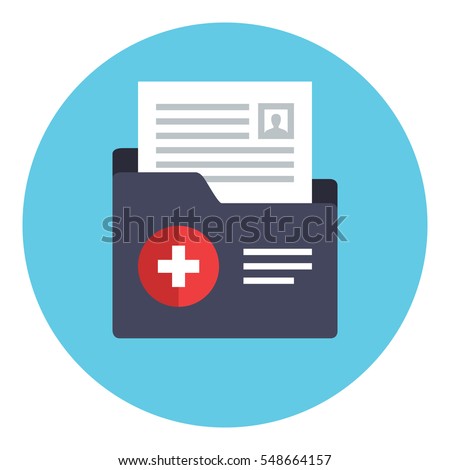 Medical folder with patient history file. Patient File icon. Medical report symbol. Analysis, Diagnosis or Prescription sign concept. Clinical record icon. Vector illustration in flat style