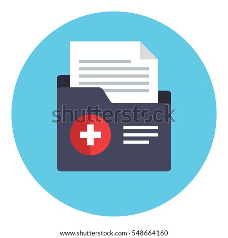 Medical folder with patient history file. Patient File icon. Medical report symbol. Analysis, Diagnosis or Prescription sign concept. Clinical record icon. Vector illustration in flat style