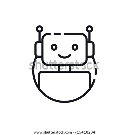 Robot icon. Chatbot icon. Cute smiling bot. Outline robot sign in blue circle. Vector flat line cartoon illustration isolated on white background. Voice support service bot. Virtual online support