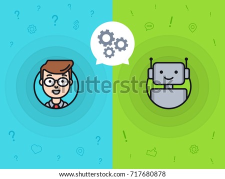 Chatbot concept. Man chatting with chat bot. Interaction with customer support robot. Changing settings with a bot online. Conversation with chatbot. Vector illustration