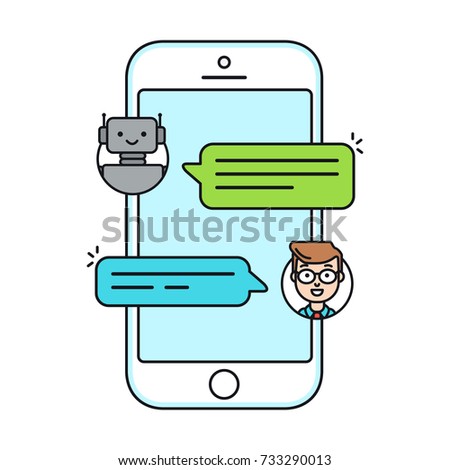 Chatbot flat line icon concept. Man chatting with chat bot on smartphone. User talk with bot in messenger. Vector illustration isolated on white background
