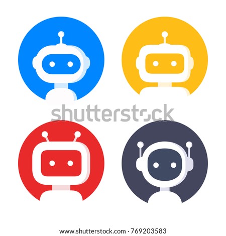 Robot icon set. Bot sign design. Chatbot symbol, logo template. Modern flat style cartoon character illustration. Isolated on white