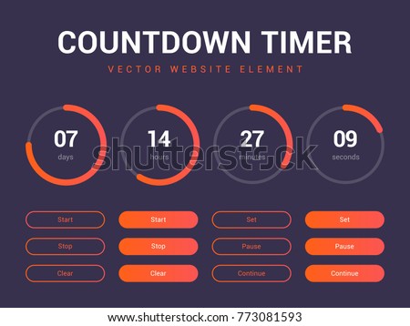 Countdown timer vector website element with buttons. Flat digital clock timer application template. Countdown timer for coming soon or under construction