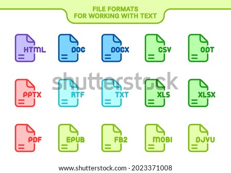 Vector icon set. File formats for working with text and read. Line color collection: html, doc, docx, csv, odt, pptx, rtf, txt, xls, xlsx, pdf, epub, fb2, mobi, djvu