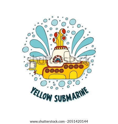 Yellow submarine in doodle style. Hand drawn logo with lettering.