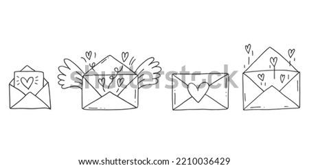 Set of cute hand-drawn doodle elements about love. Message stickers for apps. Icons for Valentines Day, romantic events and wedding. Envelopes with love letters and hearts with wings.