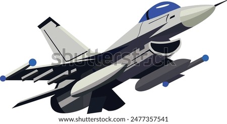 vector image. black and gray F-16 jet fighter plane in the air seen from below