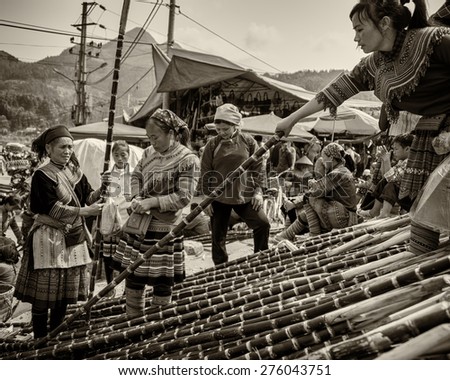 SAPA, VIETNAM - MARCH 16: Minority tribes of Sapa conduct sugar cane trade at open market on March 16, 2015 at Sapa, Vietnam