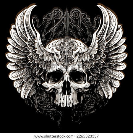 This illustration depicts a skull head with intricately detailed feathers extending into wings. The juxtaposition of death and life creates a hauntingly beautiful image