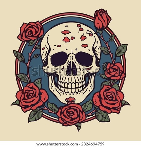 skull head surrounded by flowers and leaves illustration