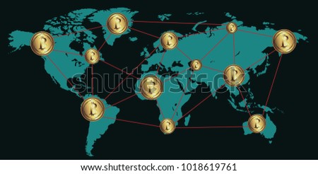 World map with connected bitcoin icons