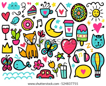 Doodles Cute Elements Color Vector Items Illustration With Hearts And Flowers Animals