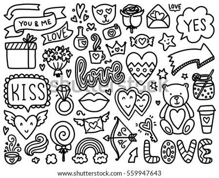 Doodles Cute Elements Black Vector Items Illustration With Hearts And Flowers Animals