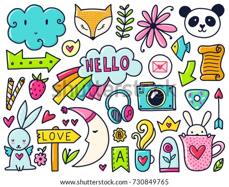 Doodles Cute Elements Color Vector Items Illustration With Hearts And Flowers Cloud