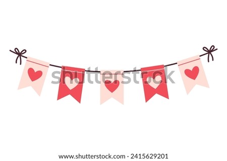 Valentines Day Festive garland of flags with hearts. wedding and valentines day concept. Simple Hand Drawn. Retro flat style. Perfect For Poster, Valentines Day Greeting Card. Vector illustration