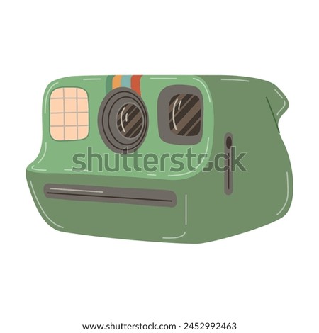 Vintage camera device Polaroid. Green photography camera. Hand drawn trendy flat style on white background vector illustration 