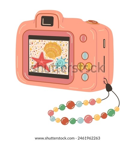 Pink Digital camera device with photo. Photography camera Hand drawn trendy flat style isolated on white. Digital camera. Rear view, back screen, shot of sea life. Vector illustration