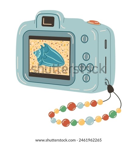 Blue Digital camera device with photo. Photography camera Hand drawn trendy flat style isolated on white. Digital camera. Rear view, back screen, shot of sea life. Vector illustration