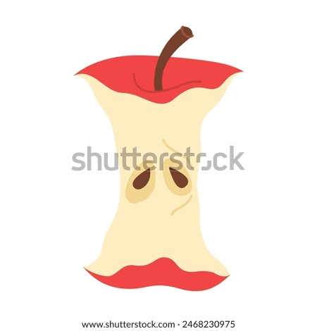 Red  Apple Core. Hand drawn trendy flat style isolated on white. Apple eaten cartoon image art. Healthy vegetarian snack, apple core for design, infographic. Vector illustration