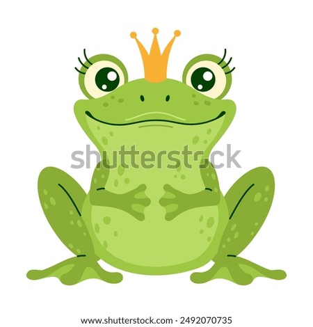 Illustration of a green Frog Prince wearing a golden crown, sitting and smiling on a white background. Hand drawn trendy flat style isolated Vector illustration. Concept of fairy tales and royalty. 