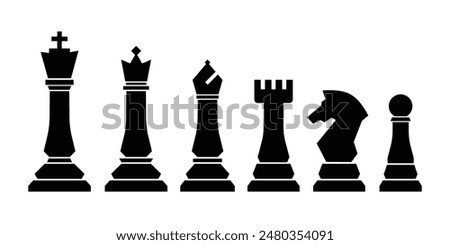 Chess vector icons set. Black flat icons with chess. King, queen, pawn, horse and rook. Vector 10 Eps.