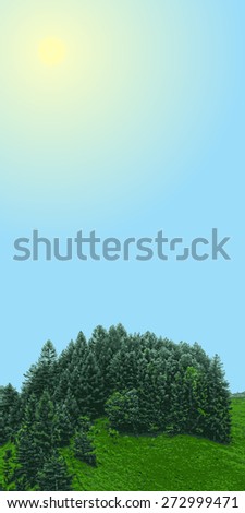 landscape vertical banner, forest with meadow and sun sky, grove with place for text in sky, vector illustration