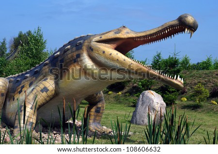 Sarkosuchus (ancient crocodile), length - 15m, weight - 8 ton. Model of dinosaur in Jurassic park in Leba, Poland.