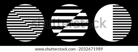 Set of abstract geometric circle striped white design elements on black background. Vector art.