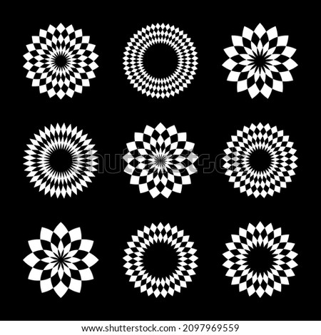 Abstract geometric circle patterns. White design elements on black background. Vector art.