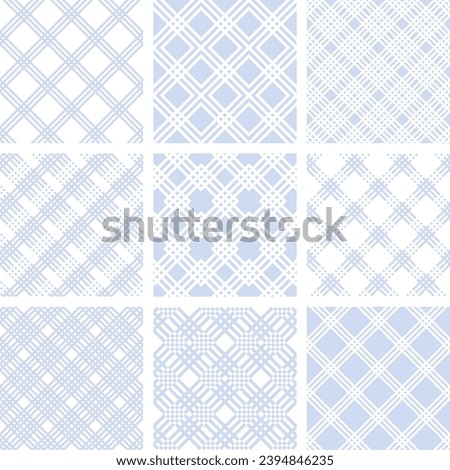 Set of Seamless Geometric Checked Light Blue Patterns. Vector Art.