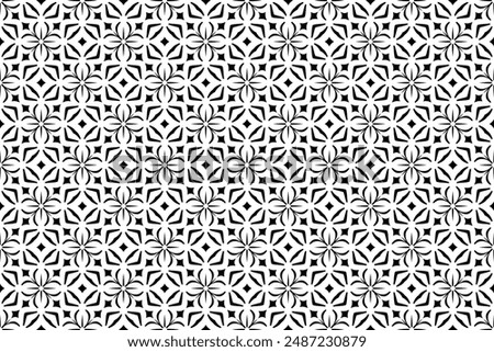 Seamless Geometric Checked Floral Black and White Pattern. Vector Art.