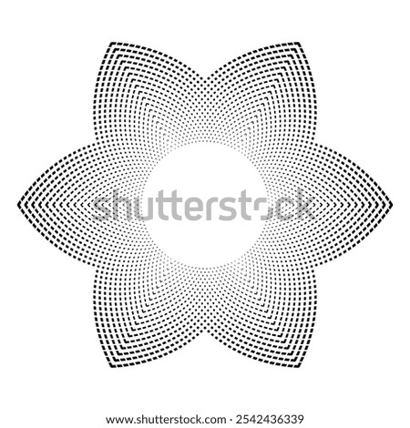 Abstract Radial Halftone Geometric Dots Pattern in Star or Flower Shape. Copy Space in Center. Vector Art.