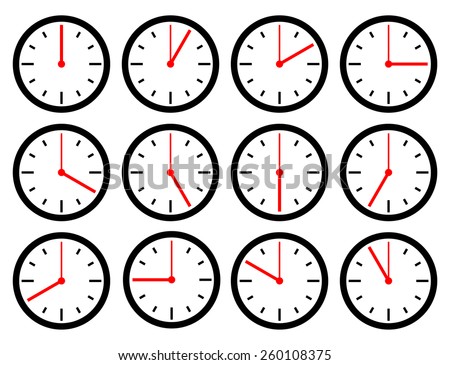 Set  Clock 12 icons with different time on white background. Various times of the day. Vector illustration. 