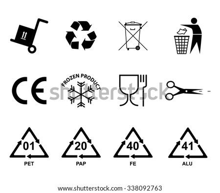 Recycling icon. Recycling: plastic, aluminum, iron, paper. European conformity. Waste recycling. Set of the most common and important signs for manufacturers of goods. Set of vector icons approved for