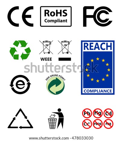 Sign of recycling. Environmental protection. RoHs compliant. Reach compliance. Sign EU, FC, CE. Set of the most common and important signs for manufacturers of goods. Set of vector icons approved form