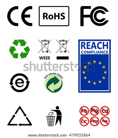 Sign of recycling. Environmental protection. RoHs . Reach. Set of the most common and important signs for manufacturers of goods. Set of vector icons approved form.