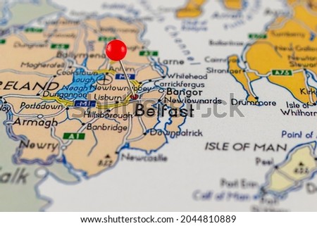 
Belfast pinned on a map of Northern Ireland. Map with red pin point of Belfast in Northern Ireland.