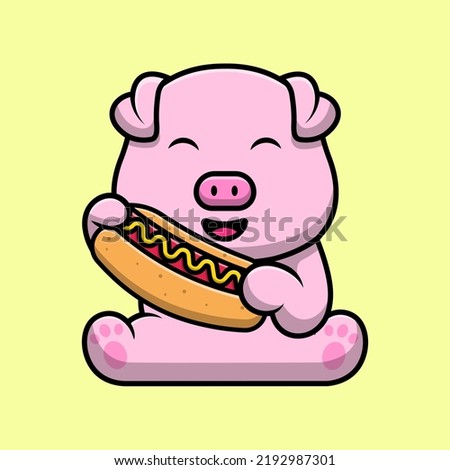 Cute Pig Holding Hotdog Cartoon Vector Icon Illustration. Flat Cartoon Concept