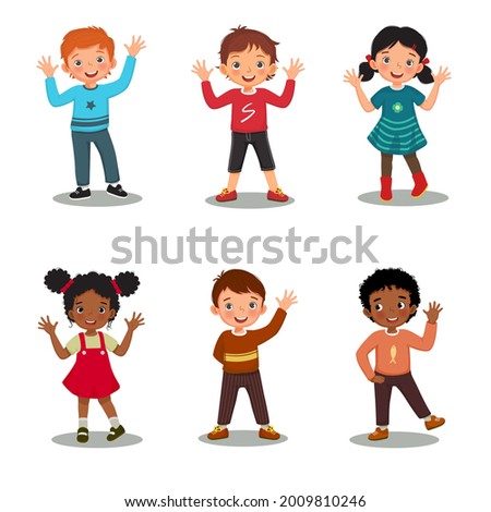 Set of happy children waving hands greeting in different expressions and poses, such as hands on the waist gesture. Vector illustration of group cute little boys and girls standing with smiling faces.