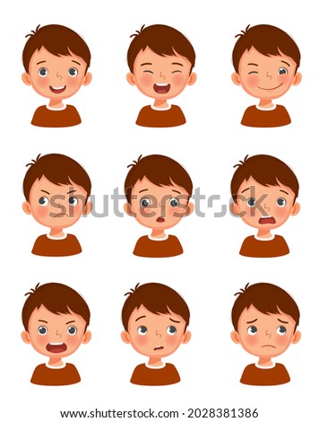 Cute little boy facial expressions set. Vector of kid faces illustration with different emotions such as happy, smiling, laughing, winking, sulking, surprised, shocked, angry, confused, worried. 