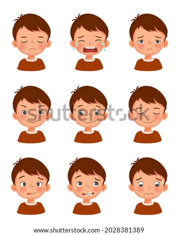Cute little boy facial expressions set. Vector of kid faces illustration with different emotions such as sad, crying, tired, excited, playful, in love, cheerful, silly face, embarrassed, and regret.