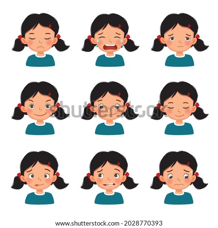 Cute little girl with facial expressions set. Vector of kid faces with different emotions such as sad, crying, tired, excited, playful, in love, peaceful, cheerful, silly face, embarrassed, regret.