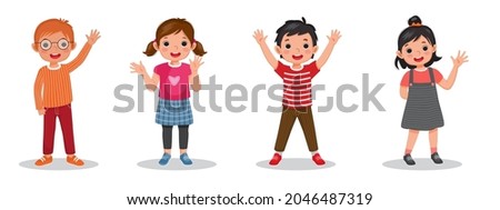 Cute happy kids raising and  waving hands greeting in many expressions and poses.  Such as hands  in the pocket and behind back styles. Group smiling little boys and girl vector standing together.