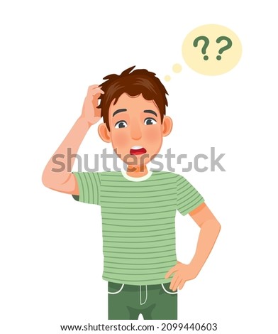 Confused young man scratching his head having no idea, clueless, don’t know, puzzled and doubt about the questions with hand on waist