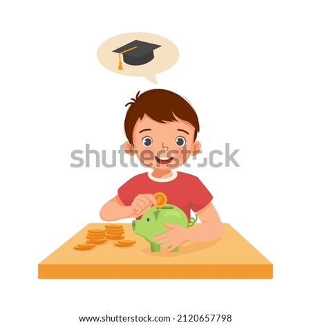 Cute little boy putting coins into a piggy bank saving money on his higher education or for collage